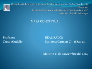 MAPA CONCEPTUAL 
Profesor: REALIZADO: 
CrespoGudelio Espinoza Carmen C.I: 18820591 
Maturin 21 de Noviembre del 2014 
 