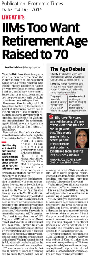 IIMs Too Want Retirement Age Raised to 70