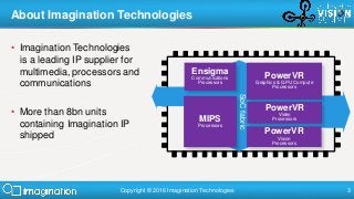Copyright © 2016 Imagination Technologies 3
• Imagination Technologies
is a leading IP supplier for
multimedia, processors...
