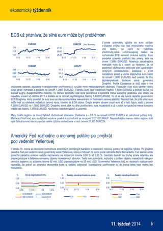 ekonomický týždenníkekonomický týždenník
511. týždeň 2014
ECB už priznáva, že silné euro môže byť problémom
V úvode uplynulého týždňa sa euro udržalo
v blízkosti svojho viac než dvojročného maxima
voči doláru, na ktoré sa vyšplhalo
predminulý piatok v doznievajúcej reakcii na
rozhodnutie ECB nemeniť úrokové sadzby. Euro
pondelok uzavrelo prakticky bez zmeny, teda na
úrovni 1,3880 EURUSD. Absencia zásadnejších
makrodát mala aj v utorok za následok, že sa
pozornosť obchodníkov venovala skôr vyjadreniam
verejných predstaviteľov. Zástupca v ECB
Constancio poslal v utorok dopoludnia euro nadol
na úroveň 1,3830 EURUSD, keď uviedol, že trhy
dezinterpretovali štvrtkové slová guvernéra
Draghiho. Podľa Constancia je totiž stále v hre
znižovanie sadzieb, spustenie kvantitatívneho uvoľňovania či využitie iných neštandardných nástrojov. Popoludní však euro takmer všetky
svoje straty vymazalo a posilnilo na úroveň 1,3860 EURUSD. V stredu euro opäť otestovalo hladinu 1,3900 EURUSD a dostalo sa tak na
dohľad svojho dvaapolročného maxima. Vo štvrtok spočiatku rast eura pokračoval a spoločná mena eurozóny poskočila voči doláru na
najvyššiu úroveň od októbra 2011 a dostala sa na dohľad psychologickej hladiny 1,4000 EURUSD. To už sa ale zjavne nepáčilo guvernérovi
ECB Draghimu, ktorý povedal, že kurz eura sa stáva mimoriadne relevantným pri hodnotení cenovej stability. Naznačil tak, že príliš silné euro
môže mať za následok nežiaduci cenový vývoj, ktorého sa ECB obáva. Draghi svojimi slovami zrazil euro až o celú figúru nadol z úrovne
1,3950 EURUSD na 1,3850 EURUSD. Draghiho slová však na dlho posilňovaniu eura nezabránili a už v piatok sa spoločná mena eurozóny
vrátila nad hladinu 1,3900 EURUSD, nad ktorou napokon týždeň aj uzavrela.
Meny nášho regiónu sa minulý týždeň obchodovali zmiešane. Oslabenie o – 0,5 % na úroveň 4,2250 EURPLN si zaknihoval poľský zlotý.
Maďarský forint voči euru za týždeň nepatrne posilnil a obchodoval sa na úrovni 312,10 EURHUF. Najstabilnejšou menou nášho regiónu bola
opäť česká koruna, ktorá sa počas celého týždňa obchodovala v okolí úrovne 27,360 EURCZK.
Americký Fed rozhodne o menovej politike po prvýkrát
pod vedením Yellenovej
V stredu 19. marca sa dozvieme rozhodnutie amerických centrýlnych bankárov o nastavení menovej politiky na najbižšie týždne. Po prvýkrát
zasadne Fed pod vedením novej guvernérky Janet Yellenovej, ktorá vo februári na tomto poste nahradila Bena Bernankeho. Fed takmer určite
ponechá základnú úrokovú sadzbu nezmenenú na súčasnom minime 0,00 % až 0,25 %. Centrálni bankári na druhej strane Atlantiku ale
zrejme pristúpia k ďalšiemu okresaniu objemu monetárnych stimulov. Teda inak povedané, rozhodnú o znížení objemu mesačných nákupov
cenných papierov zo súčasnej úrovne 65 mld. USD pravdepodobne na 55 mld. USD. Guvernérka Yellenová totiž vo viacerých vystúpeniach
naznačila, že pokiaľ sa americká ekonomika bude aj naďalej zotavovať, kvantitatívne uvoľňovanie by do konca tohto roka mohlo byť
minulosťou.
1,30
1,35
1,40
9-13 11-13 1-14 3-14
EURUSD
25,30
26,60
27,90
9-13 11-13 1-14 3-14
EURCZK Zdroj: Bloomberg
0,80
0,84
0,88
9-13 11-13 1-14 3-14
EURGBP
95,0
101,0
107,0
9-13 11-13 1-14 3-14
USDJPY
0,00
0,50
1,00
9-13 11-13 1-14 3-14
% Vývoj na peňažnom trhu
1M EURIBOR 3M EURIBOR
12M EURIBOR sadzba ECB
0,00
0,50
1,00
9-13 11-13 1-14 3-14
% Sadzby národných bánk vo svete
ECB FED BoE
0,00
2,50
5,00
9-13 11-13 1-14 3-14
% Sadzby národných bánk V4
ECB ČNB
NBP MNB
 