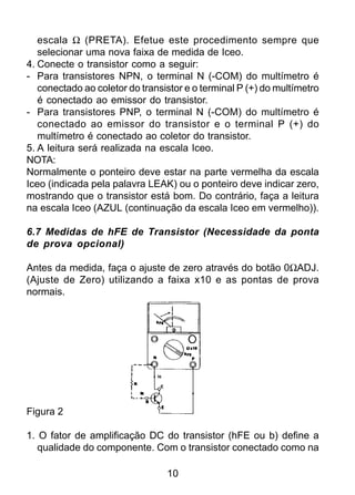 10
escala Ω (PRETA). Efetue este procedimento sempre que
selecionar uma nova faixa de medida de Iceo.
4. Conecte o transistor como a seguir:
- Para transistores NPN, o terminal N (-COM) do multímetro é
conectado ao coletor do transistor e o terminal P (+) do multímetro
é conectado ao emissor do transistor.
- Para transistores PNP, o terminal N (-COM) do multímetro é
conectado ao emissor do transistor e o terminal P (+) do
multímetro é conectado ao coletor do transistor.
5. A leitura será realizada na escala Iceo.
NOTA:
Normalmente o ponteiro deve estar na parte vermelha da escala
Iceo (indicada pela palavra LEAK) ou o ponteiro deve indicar zero,
mostrando que o transistor está bom. Do contrário, faça a leitura
na escala Iceo (AZUL (continuação da escala Iceo em vermelho)).
6.7 Medidas de hFE de Transistor (Necessidade da ponta
de prova opcional)
Antes da medida, faça o ajuste de zero através do botão 0ΩADJ.
(Ajuste de Zero) utilizando a faixa x10 e as pontas de prova
normais.
Figura 2
1. O fator de amplificação DC do transistor (hFE ou b) define a
qualidade do componente. Com o transistor conectado como na
 