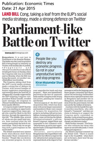 Economic Times - Parliament-like Battle on Twitter - 21Apr2015