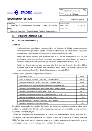 DOCUMENTO TÉCNICO
Contratado
CONSÓRCIO ENGITRANS – ENGIMIND / LMAZ / GEOSERV
Resp. Técnico Emitente
Helio Cunha 10 / 10 / 14
Objeto
Memorial Descritivo / Especificações Técnicas de Arquitetura
Verificação / EMDEC
__ / __ / __
Código
ET-BRT-OV-01-PB-ARQ-001
Rev.
01
Emissão
10/ 10 / 14
Folha
38 de 64
O.S. CONTRATO 023/2013
7.3 SOLEIRAS E PEITORIS (E.3)
7.3.1 GRANITO CORUMBÁ (E.3.1)
MATERIAIS
• Soleira em Granito corumbá com espessura de 2cm, nas dimensões de 0,72 x 0,14m e comprimento
variável conforme aplicação no projeto, com acabamento levigado. Deverá ser assente e rejuntada
em argamassa industrializada. Ref.ª Quartzolit ou equivalente técnico (E.3.1.1).
• Peitoril em Granito corumbá com espessura total de 10 cm, nas dimensões de 2,12 x 0,32m
configuração conforme especificado no projeto, com acabamento polido. Deverá ser assente e
rejuntado em argamassa industrializada. Ref.ª Quartzolit ou equivalente técnico (E.3.1.2).
• Peitoril em Granito corumbá com espessura total de 2 cm, nas dimensões de 0,85 x 0,27m,
conforme especificado no projeto, com acabamento polido. Deverá ser assente e rejuntado em
argamassa industrializada. Ref.ª Quartzolit ou equivalente técnico (E.3.1.3).
O material deverá apresentar as seguintes características:
Propriedade Físicas Índices
Índice de absorção d’água (%) – ABNT-NBR 12766 e ASTM C97 ≤ 0,40
Densidade aparente seca (kg/m³) – ABNT-NBR 12766 e ASTM C97 ≥ 2560
Coeficiente de atrito (resistência ao escorregamento) – ABNT-NBR 13818 ≥ 0,8
Resistência à flexão a três pontos (MPa) – ABNT-NBR 12763 e ASTM C99 ≥ 10,34
Resistência à flexão a quatro pontos (MPa) – ASTM C880 ≥ 8,27
Resistência à compressão uniaxial (MPa) – ABNT-NBR 12767 e ASTM C170 ≥ 131,0
Desgaste abrasivo amsler (mm/1000m) – ABNT-NBR 12042 ≤ 0,7
Abrasão superficial – Classe PEI – ABNT-NBR 13818 / Anexo E 5
Resistência à abrasão – ASTM-C241/Granitos ≥ 25
Deverão ser apresentados os resultados dos ensaios que comprovem os índices listados na tabela acima
com base nos procedimentos definidos nas Normas correspondentes a serem realizados sempre que forem
requisitados pela FISCALIZAÇÃO.
Os custos dos ensaios serão de responsabilidade da CONTRATADA, incluindo fretes, seguros, atestados, etc.
Estes ensaios terão representatividade de um conjunto (4 lotes de 44 pedras de 50x50cm) para cada
2.000m² de área, sendo que os corpos de prova serão retirados aleatoriamente das partidas a serem
remetidas para a obra e só serão recebidas após a aceitação dos resultados.
 