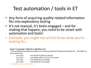 The Pieces in Management FrameworkA disciplined tester replanning on various levelsSession with charter that provides a reportClassification of information created as metricsPrioritizing of what test idea comes nextSupporting reporting by debriefingSupporting skills development by coachingCreating a combined judgement of quality by quality reporting10