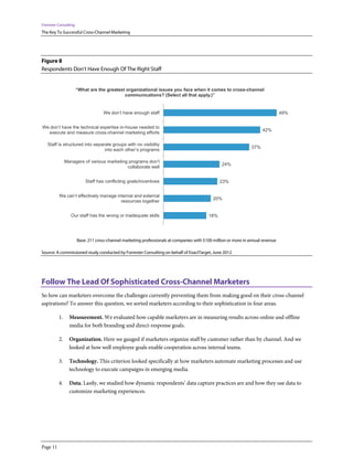 Forrester Consulting
The Key To Successful Cross-Channel Marketing




Figure 8
Respondents Don’t Have Enough Of The Right Staff


                       “What are the greatest organizational issues you face when it comes to cross-channel
                                             communications? (Select all that apply.)”


                                    We don’t have enough staff                                                                    49%


We don’t have the technical expertise in-house needed to
                                                                                                                        42%
  execute and measure cross-channel marketing efforts

   Staff is structured into separate groups with no visibility
                                                                                                                  37%
                                 into each other’s programs

               Managers of various marketing programs don’t
                                                                                                  24%
                                            collaborate well


                           Staff has conflicting goals/incentives                                23%


          We can’t effectively manage internal and external
                                                                                              20%
                                        resources together


                  Our staff has the wrong or inadequate skills                             18%




                       Base: 211 cross-channel marketing professionals at companies with $100 million or more in annual revenue

Source: A commissioned study conducted by Forrester Consulting on behalf of ExactTarget, June 2012




Follow The Lead Of Sophisticated Cross-Channel Marketers
So how can marketers overcome the challenges currently preventing them from making good on their cross-channel
aspirations? To answer this question, we sorted marketers according to their sophistication in four areas.

          1.     Measurement. We evaluated how capable marketers are in measuring results across online and offline
                 media for both branding and direct-response goals.

          2.     Organization. Here we gauged if marketers organize staff by customer rather than by channel. And we
                 looked at how well employee goals enable cooperation across internal teams.

          3.     Technology. This criterion looked specifically at how marketers automate marketing processes and use
                 technology to execute campaigns in emerging media.

          4.     Data. Lastly, we studied how dynamic respondents’ data capture practices are and how they use data to
                 customize marketing experiences.




Page 11
 