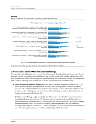 Forrester Consulting
The Key To Successful Cross-Channel Marketing




Figure 9
Fewer Level 4’s Are Dissatisfied With Technology, But Level 1’s Fall Short

                                         “Where do your current marketing technologies fall short?”


          Reporting access and flexibility — being able to easily                                  40%
  understand cross-channel performance and manipulate reports                                                    67%
                                                     as needed                                     38%

Cross-channel analytics — models based on cross-channel data                                 30%
                                                                                                                 67%
          to improve program performance or predict outcomes                                              51%

  Measurement — tracking standard key performance indicators                                 30%
                                                                                                                63%               Level 4
                                            across channels                                          44%

    Unified customer view — being able to house all data about a                       20%                                        Level 1
                                                                                                                  71%
                   given customer in a usable, accessible format                                    42%

          Marketing automation — program management through                      10%                                              All
                                                                                                                63%               respondents
                                                technology                                      38%

      Real-time optimization — dynamic improvements based on                     10%
                                                                                                            58%
                                              situational data                                 35%

  Cross-channel integration — deploying coordinated campaigns                    10%
                                                                                                                63%
                                        across varied channels                               29%



                       Base: 211 cross-channel marketing professionals at companies with $100 million or more in annual revenue

Source: A commissioned study conducted by Forrester Consulting on behalf of ExactTarget,June 2012



Advanced Cross-Channel Marketers Value Technology
No doubt about it, level 4’s are just better prepared than others for cross-channel marketing; 10 times more of them are
extremely prepared to manage cross-channel initiatives than the study average. What can other marketers learn from
these advanced firms that will help their own cross-channel marketing efforts? One theme underlies the responses from
level 4: Embrace technology. Here are the lessons we learned from advanced cross-channel marketers:

    • Adopt an integrated technology platform. Forty-two percent of all study respondents and half of level 4’s are
        very or extremely interested in a single platform to manage cross-channel programs. This marketer appeal is
        consistent with what Forrester finds in our syndicated research. In fact, Forrester believes that marketers should
        invest in an online marketing suite in order to sidestep the inevitable long-term impact of siloed approaches on
        the customer experience and marketing ROI.2

    • Lobby for more technology budget. Nearly 80% of level 1 marketers controlling their companies’ interactive
        technology budgets can access less than 10% of their company’s overall technology spend. This explains why
        unsophisticated cross-channel marketers are disappointed in how well they can execute cross-channel campaigns,
        manage measurement, collect critical data, and customize marketing experiences. They have inadequate
        technologies for doing so. In contrast, level 4’s control more budget, can invest in tools they need, automate more
        cross-channel management tasks, and are subsequently better pleased with their efforts.




Page 13
 