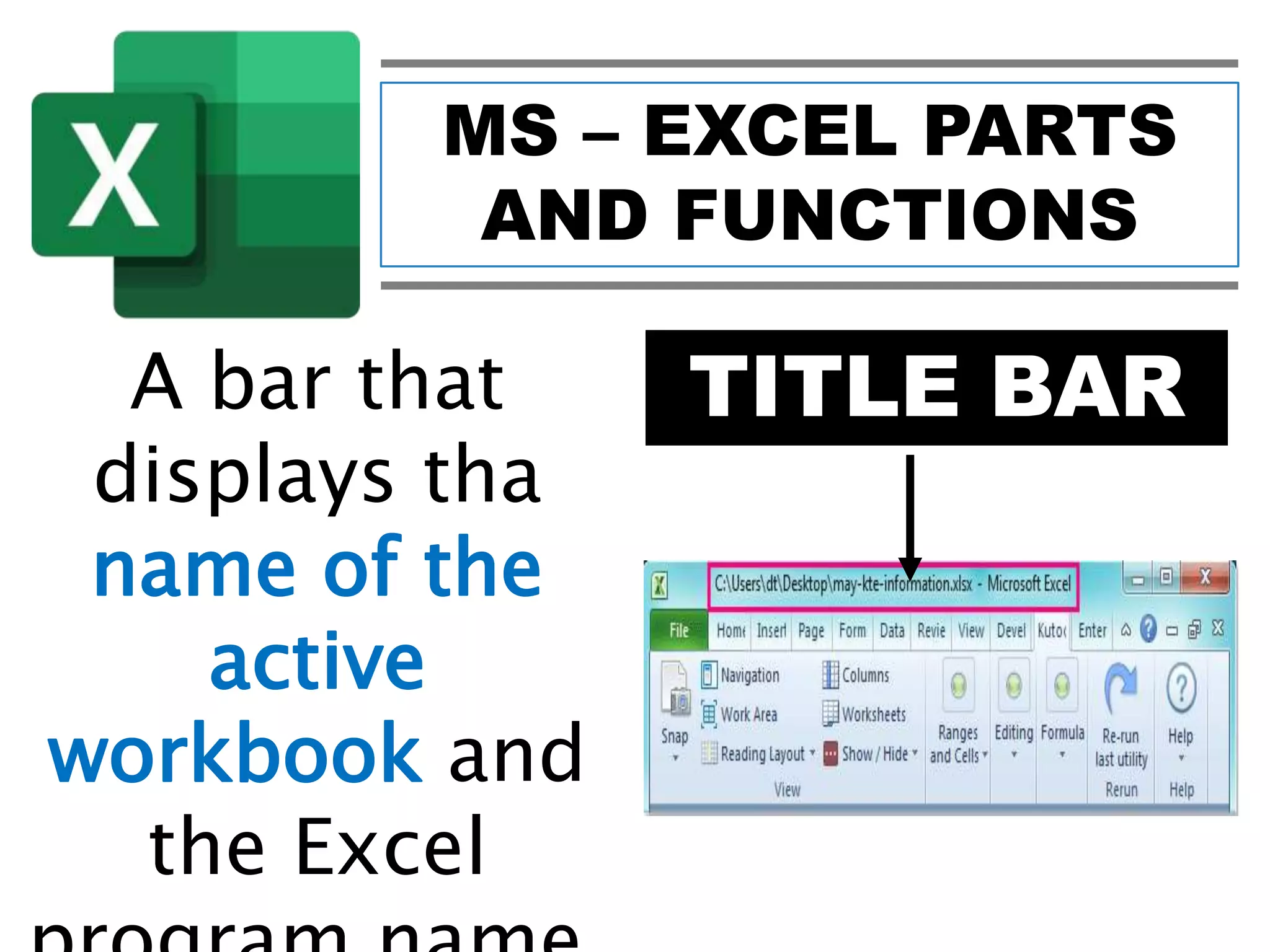 MS – EXCEL PARTS
AND FUNCTIONS
TITLE BARA bar that
displays tha
name of the
active
workbook and
the Excel
 