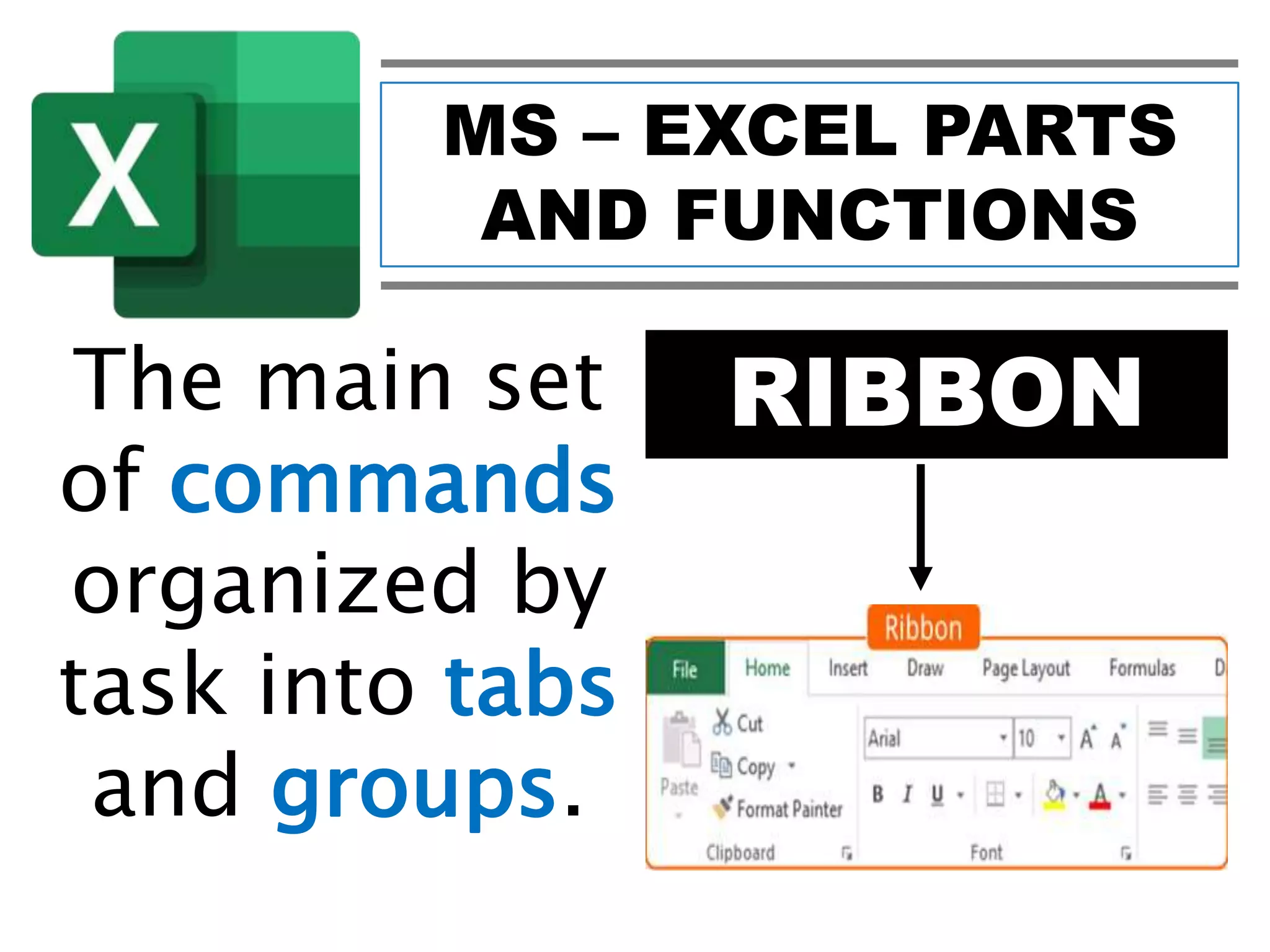 MS – EXCEL PARTS
AND FUNCTIONS
RIBBONThe main set
of commands
organized by
task into tabs
and groups.
 