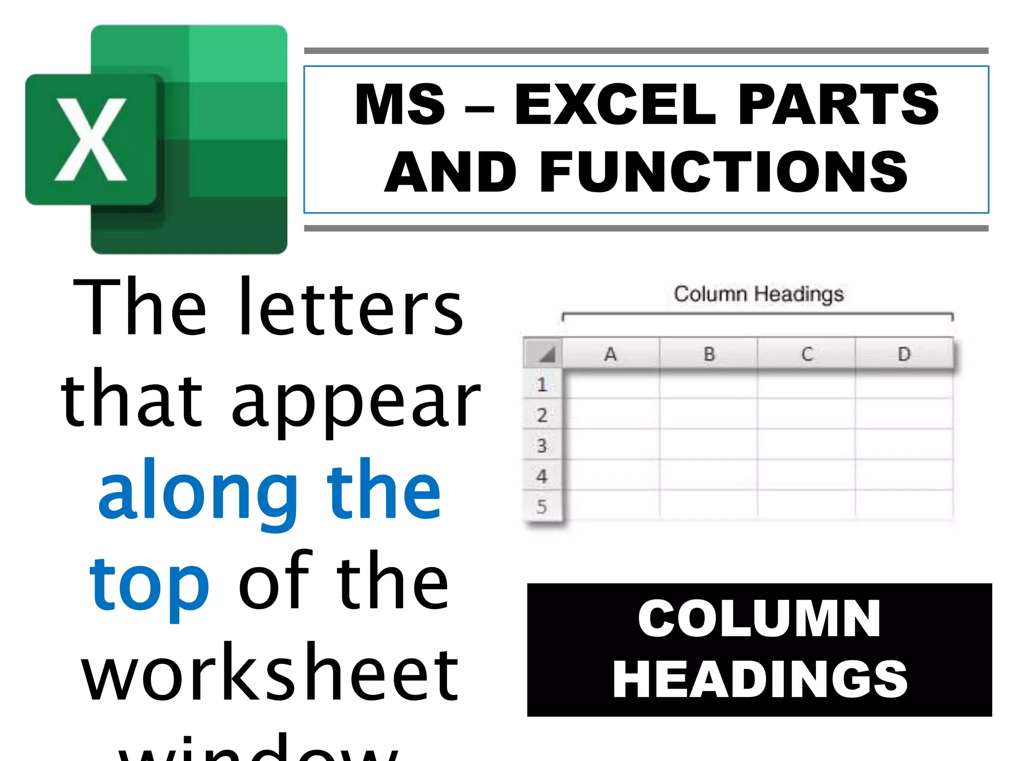 MS – EXCEL PARTS
AND FUNCTIONS
COLUMN
HEADINGS
The letters
that appear
along the
top of the
worksheet
 