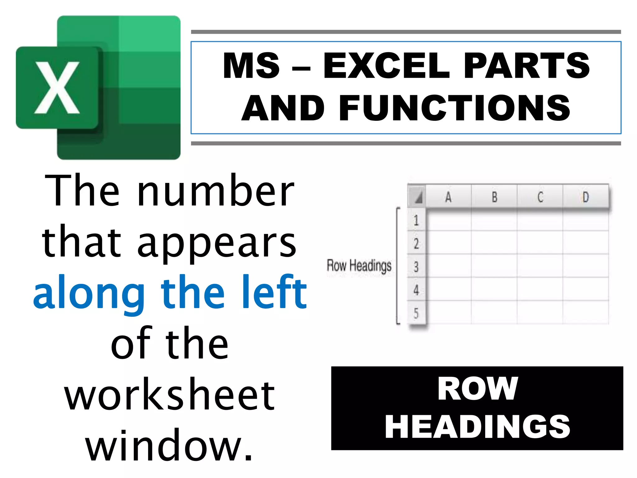 MS – EXCEL PARTS
AND FUNCTIONS
ROW
HEADINGS
The number
that appears
along the left
of the
worksheet
window.
 