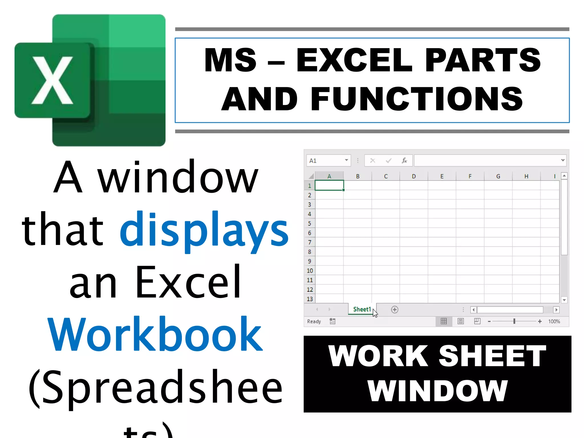 MS – EXCEL PARTS
AND FUNCTIONS
WORK SHEET
WINDOW
A window
that displays
an Excel
Workbook
(Spreadshee
 