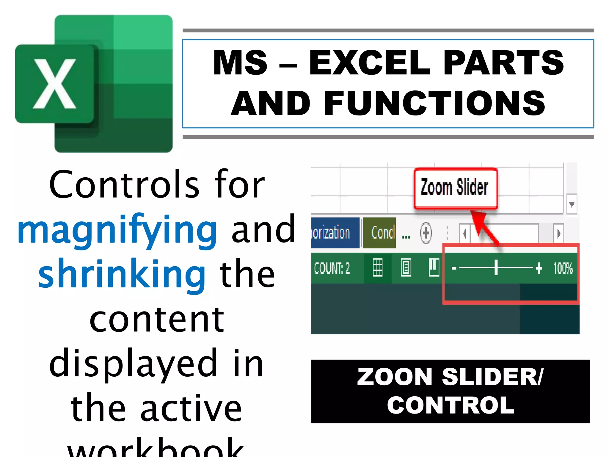 MS – EXCEL PARTS
AND FUNCTIONS
ZOON SLIDER/
CONTROL
Controls for
magnifying and
shrinking the
content
displayed in
the active
 
