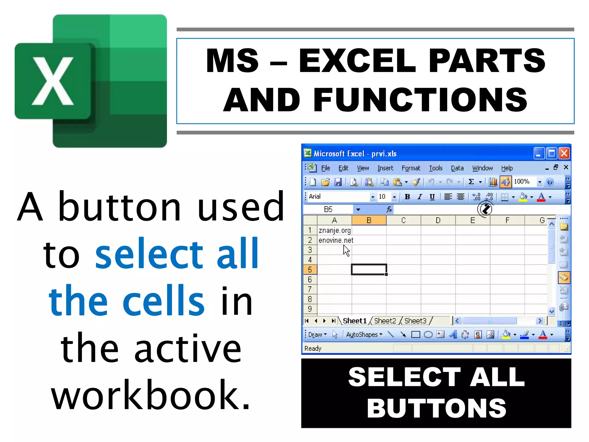 MS – EXCEL PARTS
AND FUNCTIONS
SELECT ALL
BUTTONS
A button used
to select all
the cells in
the active
workbook.
 