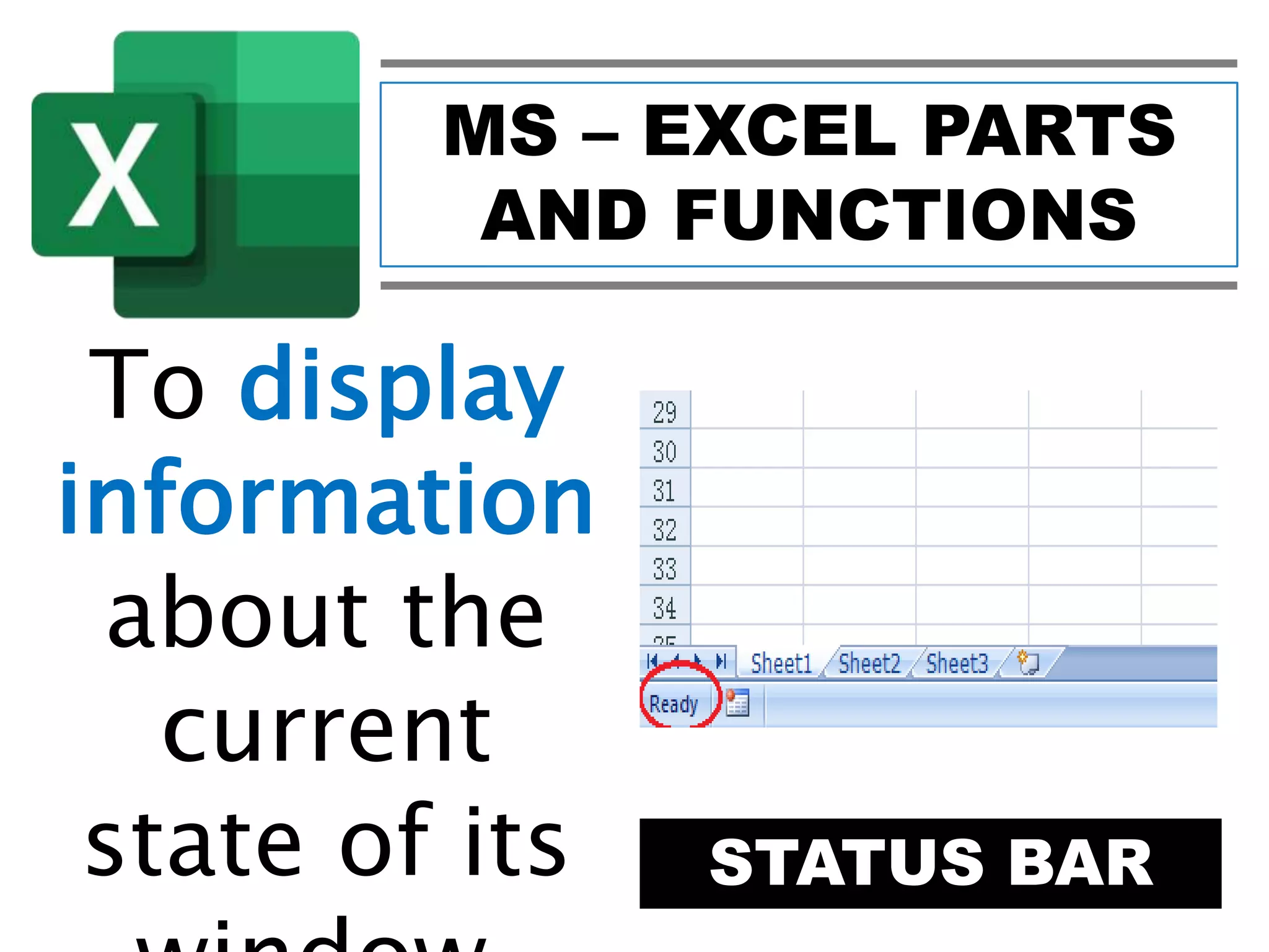 MS – EXCEL PARTS
AND FUNCTIONS
STATUS BAR
To display
information
about the
current
state of its
 