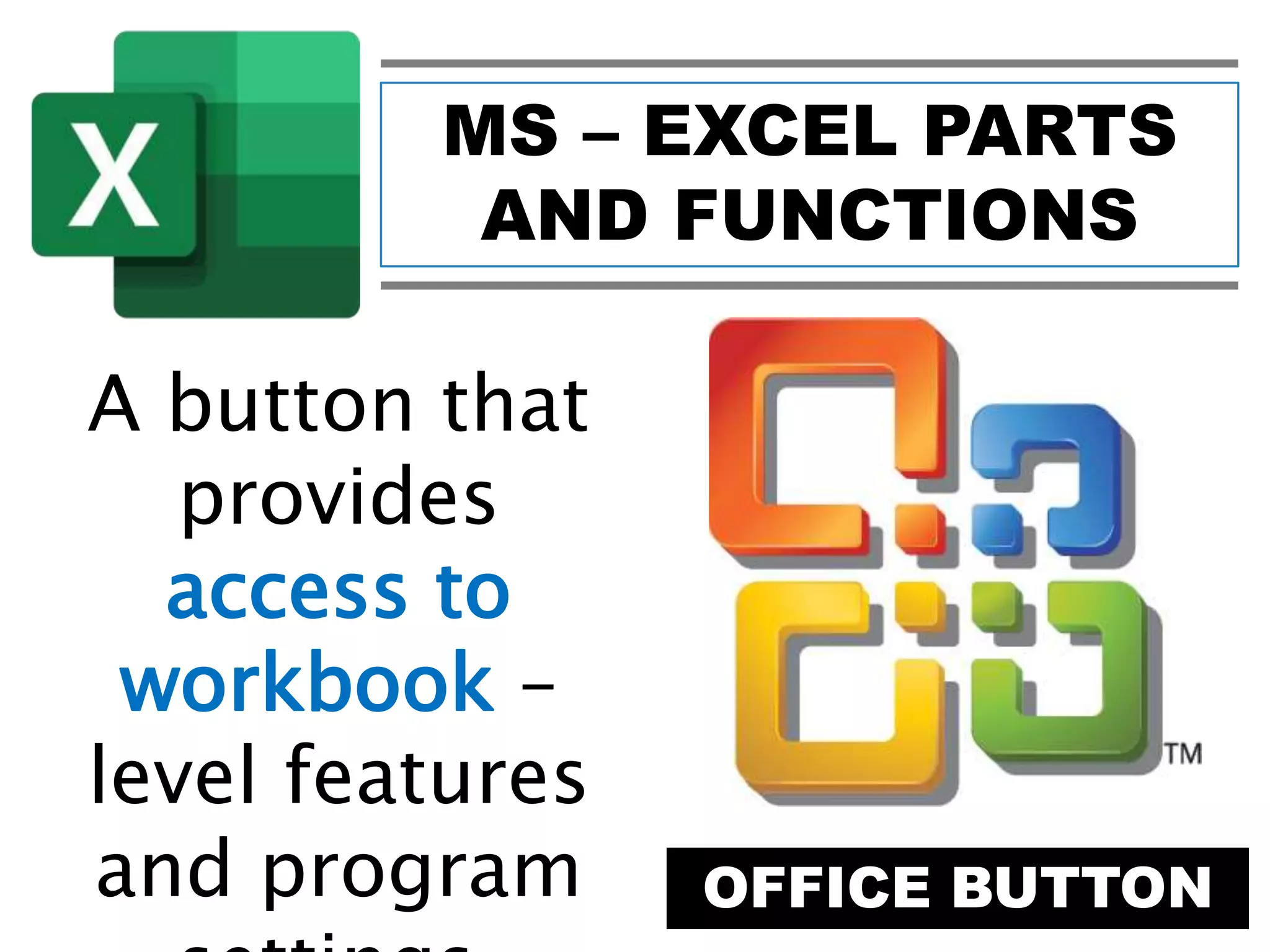 MS – EXCEL PARTS
AND FUNCTIONS
OFFICE BUTTON
A button that
provides
access to
workbook –
level features
and program
 