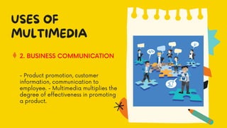 2. BUSINESS COMMUNICATION
USES OF
MULTIMEDIA
- Product promotion, customer
information, communication to
employee. - Multimedia multiplies the
degree of effectiveness in promoting
a product.
 