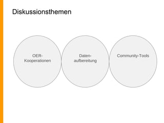 Diskussionsthemen
OER-
Kooperationen
Daten-
aufbereitung
Community-Tools
 