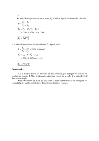 2.
La nouvelle température de sortie froide '
fsT s’obtient à partir de la nouvelle efficacité :
fece
fe
'
fs
TT
TT
'E
−
−
=
)120350(526,0120
)TT('ETT fecefe
'
fs
−+=
−+=
C241T'
fs °=
et la nouvelle température de sortie chaude '
csT à partir de R :
882,0
TT
TT
R
fe
'
fs
'
csce
=
−
−
= inchangé
)120241(882,0350
)TT(RTT fe
'
fsce
'
cs
−−=
−−=
C3,243T'
cs °=
Commentaires
Il y a d’autres façons de résoudre ce petit exercice, par exemple en utilisant les
résultats du chapitre 2. Mais la démarche préconisée permet de se roder à la méthode NUT
dans un cas simple.
Avec cette valeur de R, on est déjà dans la zone asymptotique d’un échangeur co-
courant (fig. 3.1), et les températures de sortie sont donc très voisines.
 