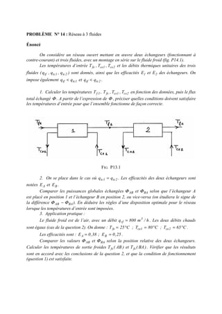 PROBLÈME N° 14 : Réseau à 3 fluides
Énoncé
On considère un réseau ouvert mettant en œuvre deux échangeurs (fonctionnant à
contre-courant) et trois fluides, avec un montage en série sur le fluide froid (fig. P14.1).
Les températures d’entrée 2ce1cefe T,T,T et les débits thermiques unitaires des trois
fluides ( 2tc1tctf q,q,q ) sont donnés, ainsi que les efficacités 1E et 2E des échangeurs. On
impose également 1tctf qq < et 2tctf qq < .
1. Calculer les températures 1fT , 2cs1csfs T,T,T en fonction des données, puis le flux
total échangé Φ . A partir de l’expression de Φ , préciser quelles conditions doivent satisfaire
les températures d’entrée pour que l’ensemble fonctionne de façon correcte.
FIG. P13.1
2. On se place dans le cas où 2tc1tc qq = . Les efficacités des deux échangeurs sont
notées AE et BE .
Comparer les puissances globales échangées ABΦ et BAΦ selon que l’échangeur A
est placé en position 1 et l’échangeur B en position 2, ou vice-versa (on étudiera le signe de
la différence BAAB ΦΦ − ). En déduire les règles d’une disposition optimale pour le réseau
lorsque les températures d’entrée sont imposées.
3. Application pratique :
Le fluide froid est de l’air, avec un débit h/m800q 3
vf = . Les deux débits chauds
sont égaux (cas de la question 2). On donne : C65T;C80T;C25T 2ce1cefe °=°=°= .
Les efficacités sont : 25,0E;38,0E BA == .
Comparer les valeurs ABΦ et BAΦ selon la position relative des deux échangeurs.
Calculer les températures de sortie froides )AB(Tfs et )BA(Tfs . Vérifier que les résultats
sont en accord avec les conclusions de la question 2, et que la condition de fonctionnement
(question 1) est satisfaite.
 
