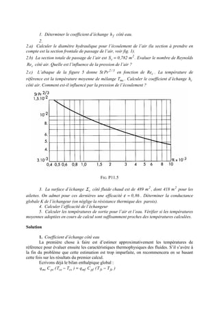 1. Déterminer le coefficient d’échange fh côté eau.
2.
2.a) Calculer le diamètre hydraulique pour l’écoulement de l’air (l...