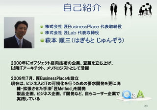 株式会社 匠BusinessPlace 代表取締役
         株式会社 匠Lab 代表取締役
            順三（     じゅんぞう）
         萩本 順三（はぎもと じゅんぞう）


2000年にオブジェクト指向技術の企業、豆蔵を立ち上げ、
以降ITアーキテクト、メソドロジストとして活躍

2009年7月、匠BusinessPlaceを設立
現在は、ビジネスとITの可視化を行うための要求開発を更に洗
  練・拡張させた手法「匠Method」を開発
  製品企画、ビジネス企画、IT開発など、自らユーザー企業で
  実践している
                                     23
 