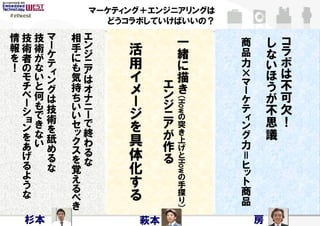#etwest
                          マーケティング＋エンジニアリングは
                            どうコラボしていけばいいの？
 情   技    技   マ   相   エ                                一   商       し   コ
 報   術    術   ー   手   ン         活
              ケ       ジ                                緒   品       な   ラ
 を   者    が       に             用                          力           ボ
 ！   の    な   テ   も   ニ                                に           い
              ィ       ア         イ                          ×       ほ   は
     モ    い   ン   気   は                                描
     チ    と       持             メ        エ             き   マ       う   不
              グ       オ                  ン                 ー
     ベ    何   は   ち   ナ         ー                  （       ケ       が   可
     ー    も       い                      ジ




                                             How
     シ        技       ニ         ジ                          テ       不   欠
          で   術   い   ー                  ニ         の       ィ       思   ！
     ョ    き       セ   で         を        ア         突       ン
     ン        を       終                                            議
     を    な   舐   ッ             具        が         き       グ
          い       ク   わ                  作         上       力
     あ        め   ス             体                  げ
     げ                る                  る         と       ＝
              る   を   な
     る                          化                          ヒ
                                             How
              な   覚
     よ                                                     ッ
     う
                  え             す                  の
                                                   手
                                                           ト
                  る             る                  探       商
     な            べ
                  き                                り       品
                                                   ）

     杉本                             萩本                         房
 