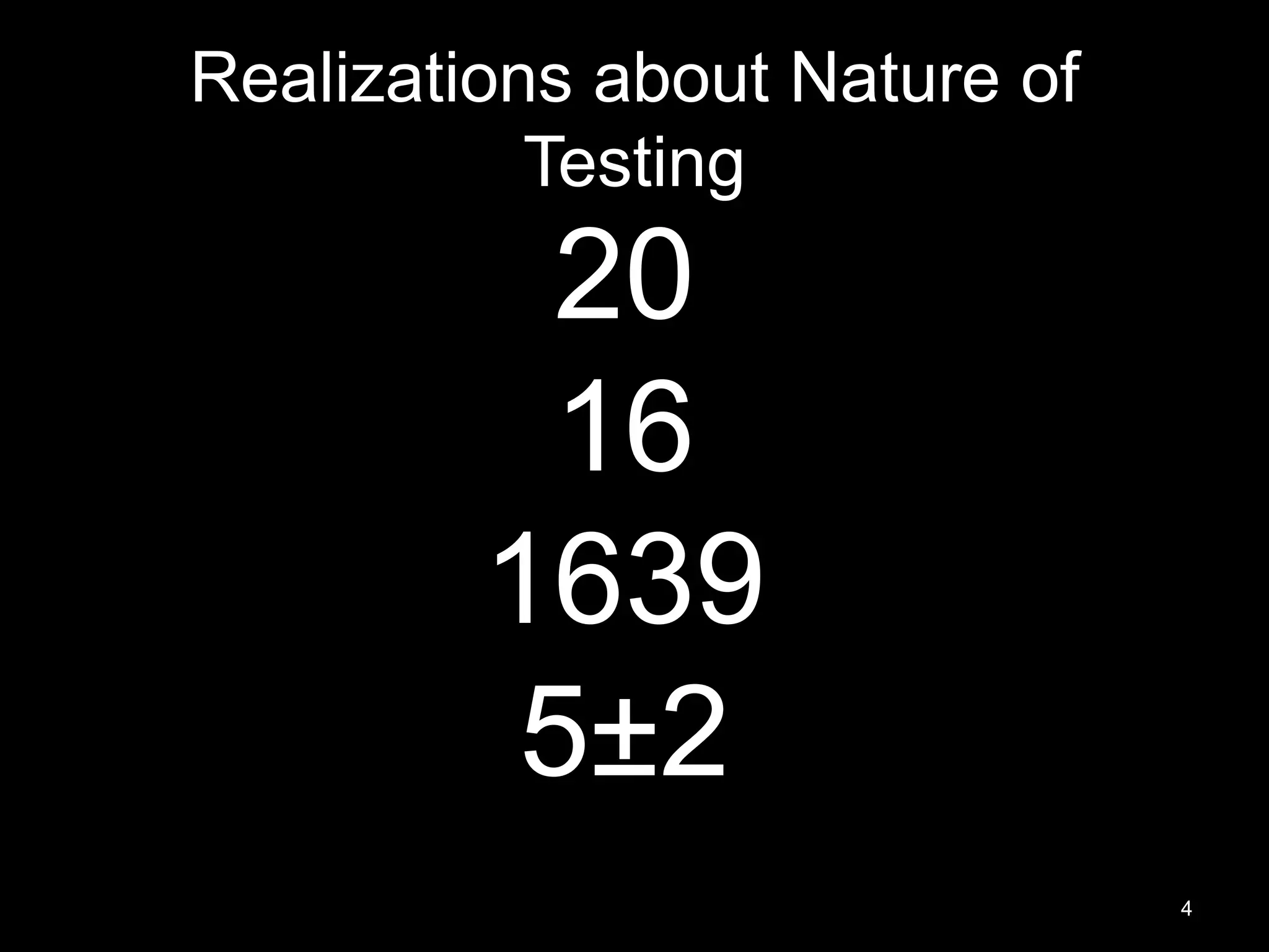 Realizations about Nature of Testing 20 16 1639 5±2 4 