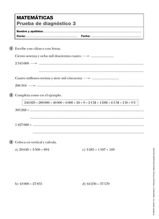©GRUPOANAYA,S.A.,Matemáticas4.ºEducaciónPrimaria.Materialfotocopiableautorizado.
Escribe con cifras o con letras.
Ciento sesenta y ocho mil doscientos cuatro .........................
2 345 008 ....................................................................................................................
....................................................................................................................
Cuatro millones treinta y siete mil cincuenta ..............................
206 316 ......................................................................................................................
1
Completa como en el ejemplo.
246029 = 200000 + 40000 + 6000 + 20 + 9 = 2 CM + 4 DM + 6 UM + 2 D + 9 U
305 268 = ..............................................................................................................................
..............................................................................................................................
1 427 000 = ...........................................................................................................................
...........................................................................................................................
2
Coloca en vertical y calcula.
a) 20 648 + 3 560 + 894 c) 3 285 + 1 507 + 169
b) 43 000 – 27 835 d) 64 236 – 37 579
3
Nombre y apellidos: ...................................................................................................................................
Curso: ..................................................................... Fecha: ....................................................................
MATEMÁTICAS
Prueba de diagnóstico 3
 