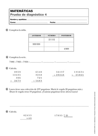 ..............................................................................................................................................
©GRUPOANAYA,S.A.,Matemáticas4.ºEducaciónPrimaria.Materialfotocopiableautorizado.
Calcula.7
Completa la tabla.5
Calcula.9
Laura tiene una colección de 237 pegatinas. María le regala 28 pegatinas más y
Álvaro le regala otras 19 pegatinas. ¿Cuántas pegatinas tiene ahora Laura?
8
8 9 5 9
1 2 4 3 5
3 0 6
+ 2 6 7 3
6 5 4 0
3 2 5 8
7 2 5
+ 5 6 8 3
5 6 1 3 7
– 2 9 2 4 8
1 3 5 6 3 4
– 2 5 8 6 5
6 2 4 5 3
Ò 6 9
1 7 0 3 5 25
Nombre y apellidos: ...................................................................................................................................
Curso: ..................................................................... Fecha: ....................................................................
MATEMÁTICAS
Prueba de diagnóstico 4
21 112
NÚMERO
999 999
ANTERIOR
4 909
POSTERIOR
Completa la serie.
7 980 – 7 965 – 7 950 – .................... – .................... – .................... – ....................
6
 