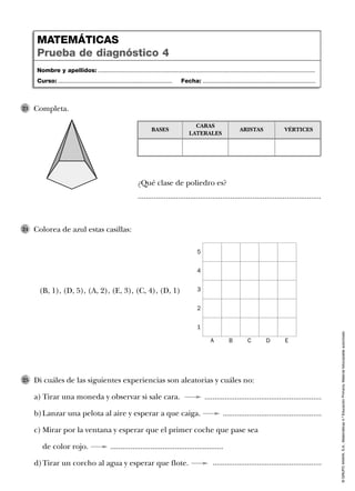 ©GRUPOANAYA,S.A.,Matemáticas4.ºEducaciónPrimaria.Materialfotocopiableautorizado.
Nombre y apellidos: ...................................................................................................................................
Curso: ..................................................................... Fecha: ....................................................................
MATEMÁTICAS
Prueba de diagnóstico 4
Di cuáles de las siguientes experiencias son aleatorias y cuáles no:
a) Tirar una moneda y observar si sale cara. ..........................................................
b)Lanzar una pelota al aire y esperar a que caiga. .................................................
c) Mirar por la ventana y esperar que el primer coche que pase sea
de color rojo. ........................................................
d)Tirar un corcho al agua y esperar que flote. ......................................................
25
Completa.23
Colorea de azul estas casillas:
(B, 1), (D, 5), (A, 2), (E, 3), (C, 4), (D, 1)
24
¿Qué clase de poliedro es?
...........................................................................................
A
5
4
3
2
1
B C D E
BASES
CARAS
LATERALES
ARISTAS VÉRTICES
 