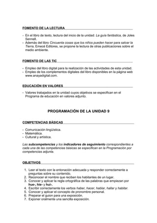 FOMENTO DE LA LECTURA

- En el libro de texto, lectura del inicio de la unidad: La guía fantástica, de Joles
  Sennell.
- Además del libro Cincuenta cosas que los niños pueden hacer para salvar la
  Tierra, Emecé Editores, se propone la lectura de otras publicaciones sobre el
  medio ambiente.


FOMENTO DE LAS TIC

- Empleo del libro digital para la realización de las actividades de esta unidad.
- Empleo de los complementos digitales del libro disponibles en la página web
  www.anayadigital.com.


EDUCACIÓN EN VALORES

- Valores trabajados en la unidad cuyos objetivos se especifican en el
  Programa de educación en valores adjunto.



                   PROGRAMACIÓN DE LA UNIDAD 9

COMPETENCIAS BÁSICAS

- Comunicación lingüística.
- Matemática.
- Cultural y artística.

Las subcompetencias y los indicadores de seguimiento correspondientes a
cada una de las competencias básicas se especifican en la Programación por
competencias adjunta.


OBJETIVOS

 1. Leer el texto con la entonación adecuada y responder correctamente a
    preguntas sobre su contenido.
 2. Reconocer el nombre que reciben los habitantes de un lugar.
 3. Conocer y aplicar la regla ortográfica de las palabras que empiezan por
    hue-, hie- y hui-.
 4. Escribir correctamente los verbos haber, hacer, hablar, hallar y habitar.
 5. Conocer y aplicar el concepto de pronombre personal.
 6. Preparar el guion para una exposición.
 7. Exponer oralmente una sencilla exposición.
 