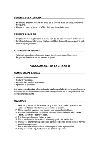 FOMENTO DE LA LECTURA

- En el libro de texto, lectura del inicio de la unidad: Días de clase, de Daniel
  Nesquens.
- Libros recomendados en el «Plan de fomento de la lectura».


FOMENTO DE LAS TIC

- Empleo del libro digital para la realización de las actividades de esta unidad.
- Empleo de los complementos digitales del libro disponibles en la página web
  www.anayadigital.com.


EDUCACIÓN EN VALORES

- Valores trabajados en la unidad cuyos objetivos se especifican en el
  Programa de educación en valores adjunto.



                   PROGRAMACIÓN DE LA UNIDAD 10

COMPETENCIAS BÁSICAS

-   Comunicación lingüística.
-   Cultural y artística.
-   Autonomía e iniciativa personal.
-   Aprender a aprender.

Las subcompetencias y los indicadores de seguimiento correspondientes a
cada una de las competencias básicas se especifican en la Programación por
competencias adjunta.


OBJETIVOS

    1. Leer los poemas con la entonación y el ritmo adecuados, y analizar los
       valores estéticos y los temas que en él se expresan.
    2. Reconocer las palabras que forman una misma familia léxica.
    3. Escribir correctamente las formas verbales terminadas en -aba, -abas,
       -aban, -ábamos, -abais y -aban.
    4. Escribir correctamente haber y a ver.
    5. Conocer el concepto de verbo y las conjugaciones existentes.
    6. Utilizar los pronombres personales correspondientes a una serie de formas
       verbales propuestas.
    7. Dar adecuadamente las instrucciones para hacer algo sencillo.
    8. Comprender el lenguaje figurado de sencillos poemas.
 
