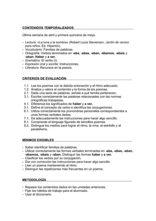 CONTENIDOS TEMPORALIZADOS

Última semana de abril y primera quincena de mayo.

- Lectura: «La luna y la sombra» (Robert Louis Stevenson, Jardín de versos
  para niños. Ed. Hiperión).
- Vocabulario: Familias de palabras.
- Ortografía: Verbos terminados en -aba, -abas, -aban, -ábamos, -abais y
  -aban. Haber y a ver.
- Gramática: El verbo (I).
- Expresión oral y escrita: Instrucciones.
- Literatura: Recursos en la poesía.


CRITERIOS DE EVALUACIÓN

 1.1.   Lee los poemas con la debida entonación y el ritmo adecuado.
 1.2.   Analiza y valora el contenido y la forma de los poemas.
 2.1.   Dada una serie de palabras, señala a qué familia pertenecen.
 3.1.   Escribe correctamente las palabras relacionadas con las normas
        ortográficas trabajadas.
 4.1.   Diferencia los significados de haber y a ver.
 5.1.   Define el concepto de verbo e identifica las conjugaciones.
 6.1.   Utiliza correctamente los pronombres personales correspondientes a
        unas formas verbales dadas.
 7.1.   Da adecuadamente las instrucciones para hacer algo sencillo.
 8.1.   Comprende el lenguaje figurado de sencillos poemas.
 8.2.   Distingue los medios para lograr el ritmo, la rima, el estribillo y el
        paralelismo.


MÍNIMOS EXIGIBLES

- Saber identificar familias de palabras.
- Utilizar correctamente las formas verbales terminadas en -aba, -abas, -aban,
  -ábamos, -abais y -aban. Distinguir las formas haber y a ver.
- Clasificar los verbos por su conjugación.
- Dar con corrección las instrucciones para hacer algo sencillo.
- Leer un poema manteniendo el ritmo.
- Distinguir las repeticiones más frecuentes en un poema.


METODOLOGÍA

- Repasar los contenidos dados en las unidades anteriores.
- Fijar los hábitos de trabajo para el alumnado.
- Usar el diccionario.
 