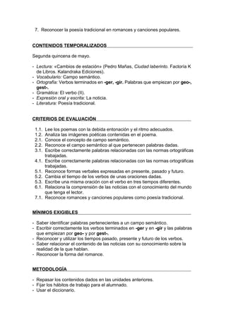 7. Reconocer la poesía tradicional en romances y canciones populares.


CONTENIDOS TEMPORALIZADOS

Segunda quincena de mayo.

- Lectura: «Cambios de estación» (Pedro Mañas, Ciudad laberinto. Factoría K
  de Libros. Kalandraka Ediciones).
- Vocabulario: Campo semántico.
- Ortografía: Verbos terminados en -ger, -gir. Palabras que empiezan por geo-,
  gest-.
- Gramática: El verbo (II).
- Expresión oral y escrita: La noticia.
- Literatura: Poesía tradicional.


CRITERIOS DE EVALUACIÓN

 1.1.   Lee los poemas con la debida entonación y el ritmo adecuados.
 1.2.   Analiza las imágenes poéticas contenidas en el poema.
 2.1.   Conoce el concepto de campo semántico.
 2.2.   Reconoce el campo semántico al que pertenecen palabras dadas.
 3.1.   Escribe correctamente palabras relacionadas con las normas ortográficas
        trabajadas.
 4.1.   Escribe correctamente palabras relacionadas con las normas ortográficas
        trabajadas.
 5.1.   Reconoce formas verbales expresadas en presente, pasado y futuro.
 5.2.   Cambia el tiempo de los verbos de unas oraciones dadas.
 5.3.   Escribe una misma oración con el verbo en tres tiempos diferentes.
 6.1.   Relaciona la comprensión de las noticias con el conocimiento del mundo
        que tenga el lector.
 7.1.   Reconoce romances y canciones populares como poesía tradicional.


MÍNIMOS EXIGIBLES

- Saber identificar palabras pertenecientes a un campo semántico.
- Escribir correctamente los verbos terminados en -ger y en -gir y las palabras
  que empiezan por geo- y por gest-.
- Reconocer y utilizar los tiempos pasado, presente y futuro de los verbos.
- Saber relacionar el contenido de las noticias con su conocimiento sobre la
  realidad de la que hablan.
- Reconocer la forma del romance.


METODOLOGÍA

- Repasar los contenidos dados en las unidades anteriores.
- Fijar los hábitos de trabajo para el alumnado.
- Usar el diccionario.
 