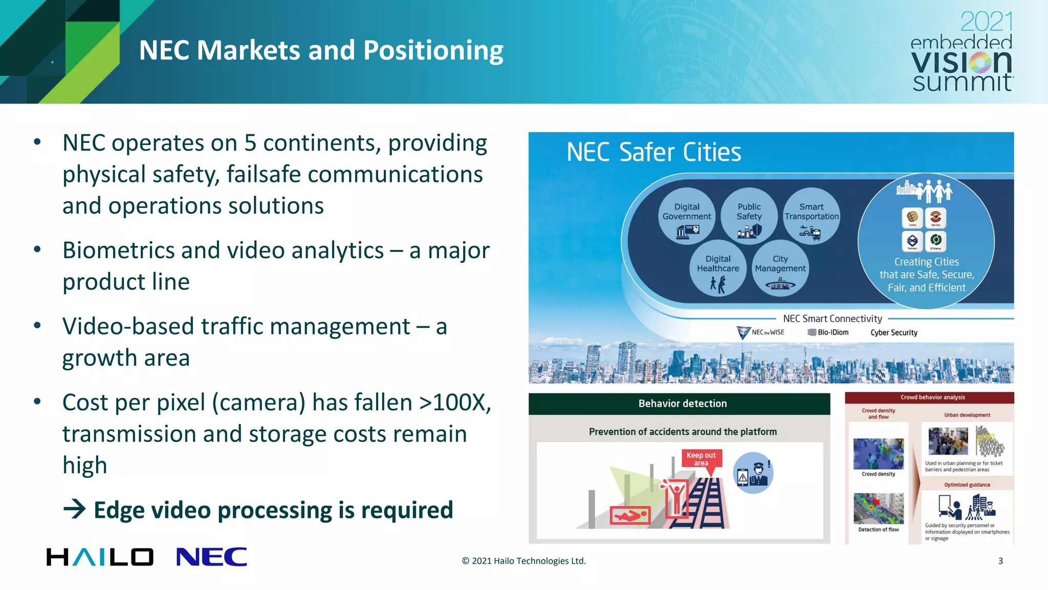 © 2021 Hailo Technologies Ltd.
NEC Markets and Positioning
• NEC operates on 5 continents, providing
physical safety, failsafe communications
and operations solutions
• Biometrics and video analytics – a major
product line
• Video-based traffic management – a
growth area
• Cost per pixel (camera) has fallen >100X,
transmission and storage costs remain
high
→ Edge video processing is required
3
 
