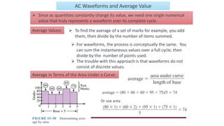 AC Waveforms and Average Value
 Since ac quantities constantly change its value, we need one single numerical
value that truly represents a waveform over its complete cycle.
Average Values:
 For waveforms, the process is conceptually the same. You
can sum the instantaneous values over a full cycle, then
divide by the number of points used.
 The trouble with this approach is that waveforms do not
consist of discrete values.
 To find the average of a set of marks for example, you add
them, then divide by the number of items summed.
Average in Terms of the Area Under a Curve:
Or use area
 