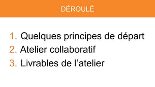 DÉROULÉ
1. Quelques principes de départ
2. Atelier collaboratif
3. Livrables de l’atelier