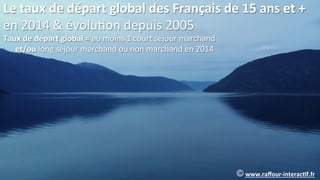 Le0taux0de0départ0global0des0Français0de0150ans0et0+00
en(2014(&(évoluIon(depuis(2005(
Taux0de0départ0global0=0au(moins(1(court(séjour(marchand((
000000et/ou(long(séjour(marchand(ou(non(marchand(en(20140
©0www.raﬀour(interac.f.fr0
 