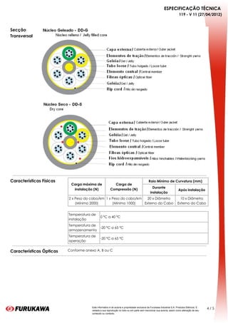 ESPECIFICAÇÃO TÉCNICA
                                                                                                                             119 - V 11 (27/04/2012)



Secção
Transversal




Características Físicas                                                                         Raio Mínimo de Curvatura (mm)
                               Carga máxima de               Carga de
                                                                                                    Durante
                                Instalação (N)             Compressão (N)                                                    Após instalação
                                                                                                  instalação
                              2 x Peso do cabo/km 1 x Peso do cabo/km   20 x Diâmetro                                         10 x Diâmetro
                                  (Mínimo 2000)       (Mínimo 1000)   Externo do Cabo                                       Externo do Cabo
                           
                          Temperatura de
                                                 0 ºC a 40 ºC
                          instalação
                          Temperatura de
                                                 -20 ºC a 65 ºC
                          armazenamento
                          Temperatura de
                                                 -20 ºC a 65 ºC
                          operação


Características Ópticas   Conforme anexo A, B ou C




                                          Este informativo é de autoria e propriedade exclusiva da Furukawa Industrial S.A. Produtos Elétricos. É
                                                                                                                                                    4/5
                                          vedada a sua reprodução no todo ou em parte sem mencionar sua autoria, assim como alteração de seu
                                          conteúdo ou contexto.
 