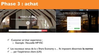 Phase 3 : achat
!  Customer et User experience :
o  Exemple : Nouvelle HPVSC
!  Les nouveaux venus de la « Share Economy »… Ils imposent désormais la norme
!  … par l’expérience client (UX)
 