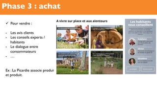 Phase 3 : achat
!  Pour vendre :
-  Les avis clients
-  Les conseils experts /
habitants
-  Le dialogue entre
consommateurs
-  …
Ex : La Picardie associe produit
et produit.
 