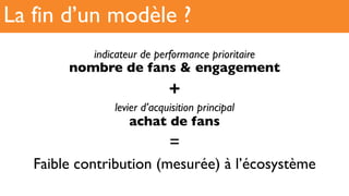 indicateur de performance prioritaire!
nombre de fans & engagement
+
levier d’acquisition principal !
achat de fans
=
Faible contribution (mesurée) à l’écosystème
La fin d’un modèle ?
 