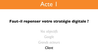 Faut-il repenser votre stratégie digitale ?!
Vos objectifs
Google
Grands acteurs
Client
Acte 1
 