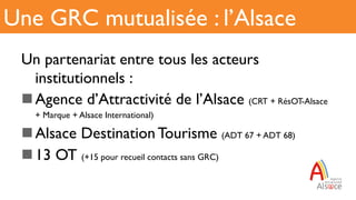Un partenariat entre tous les acteurs
institutionnels :
n Agence d’Attractivité de l’Alsace (CRT + RésOT-Alsace
+ Marque + Alsace International)
n Alsace Destination Tourisme (ADT 67 + ADT 68)
n 13 OT (+15 pour recueil contacts sans GRC)
Une GRC mutualisée : l’Alsace
 