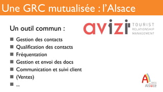 Un outil commun :
Une GRC mutualisée : l’Alsace
n  Gestion des contacts
n  Qualification des contacts
n  Fréquentation
n  Gestion et envoi des docs
n  Communication et suivi client
n  (Ventes)
n  ...
 
