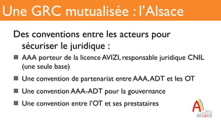 Des conventions entre les acteurs pour
sécuriser le juridique :
n  AAA porteur de la licence AVIZI, responsable juridique CNIL
(une seule base)
n  Une convention de partenariat entre AAA,ADT et les OT
n  Une convention AAA-ADT pour la gouvernance
n  Une convention entre l’OT et ses prestataires
Une GRC mutualisée : l’Alsace
 