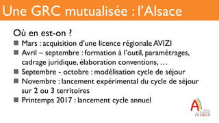 Où en est-on ?
n  Mars : acquisition d’une licence régionale AVIZI
n  Avril – septembre : formation à l’outil, paramétrages,
cadrage juridique, élaboration conventions, …
n  Septembre - octobre : modélisation cycle de séjour
n  Novembre : lancement expérimental du cycle de séjour
sur 2 ou 3 territoires
n  Printemps 2017 : lancement cycle annuel
Une GRC mutualisée : l’Alsace
 