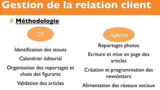 #  Méthodologie
Gestion de la relation client
Identification des atouts
Calendrier éditorial
Organisation des reportages et
choix des figurants
Validation des articles
OT
Reportages photos
Ecriture et mise en page des
articles
Création et programmation des
newsletters
Alimentation des réseaux sociaux
Agence
 