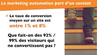 #  Le taux de conversion
moyen sur un site est
entre 1% et 8%
Que fait-on des 92% /
99% des visiteurs qui
ne convertissent pas ?
Le marketing automation part d’un constat
 