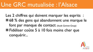 Les 2 chiffres qui doivent marquer les esprits  :
n 68 % des gens qui abandonnent une marque le
font par manque de contact (étude Gartnet Group)
n Fidéliser coûte 5 à 10 fois moins cher que
conquérir...
Une GRC mutualisée : l’Alsace
 